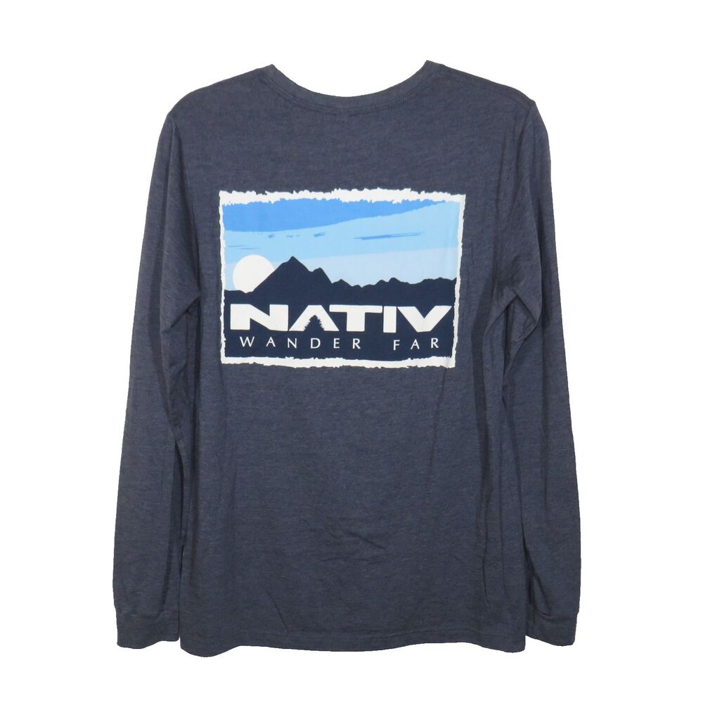 NATIV Wander Far Mountains Graphic Navy Long Sleeve Tee Size Medium